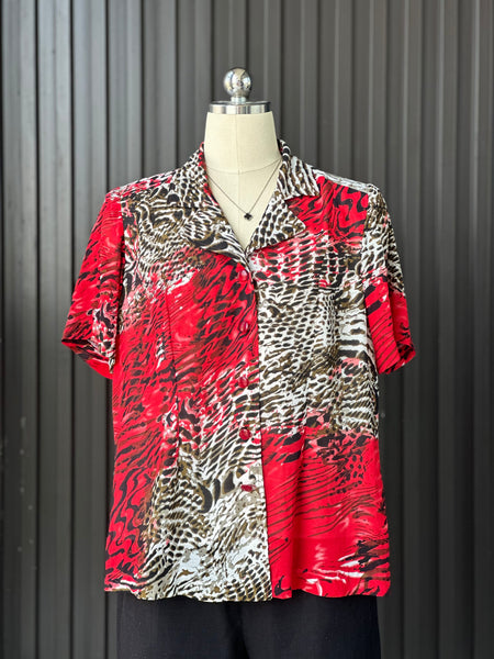 Vintage Crimson Animal Print Statement Blouse