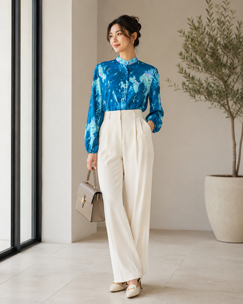 Ocean Blue Silk-Feel Statement Blouse