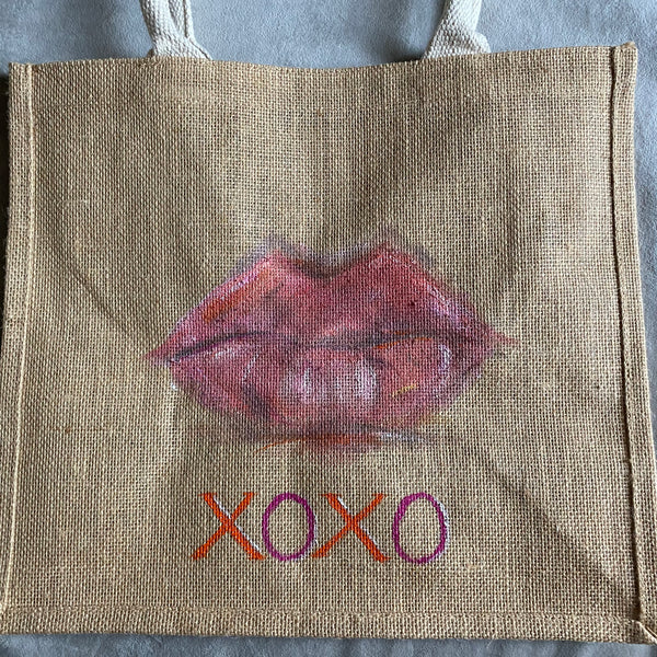 XOXO Lips Jute Bag Handpainted