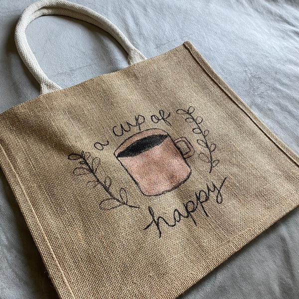 One cup of happy Jute Bag Handpainted
