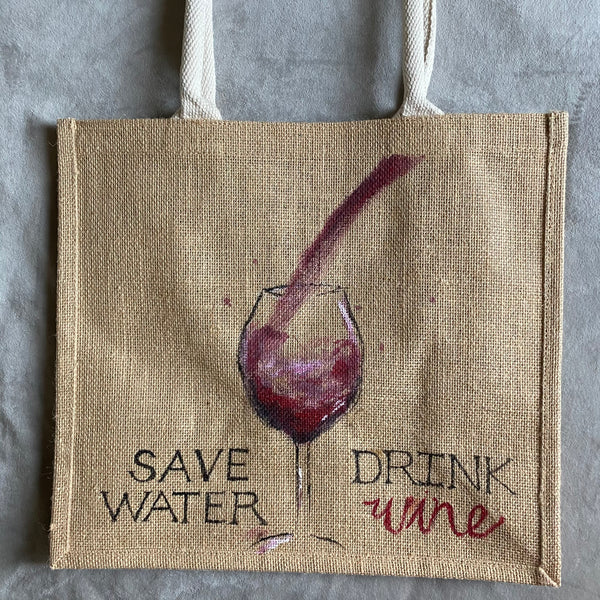 Save Water Drink Wine Jute Bag Handpainted