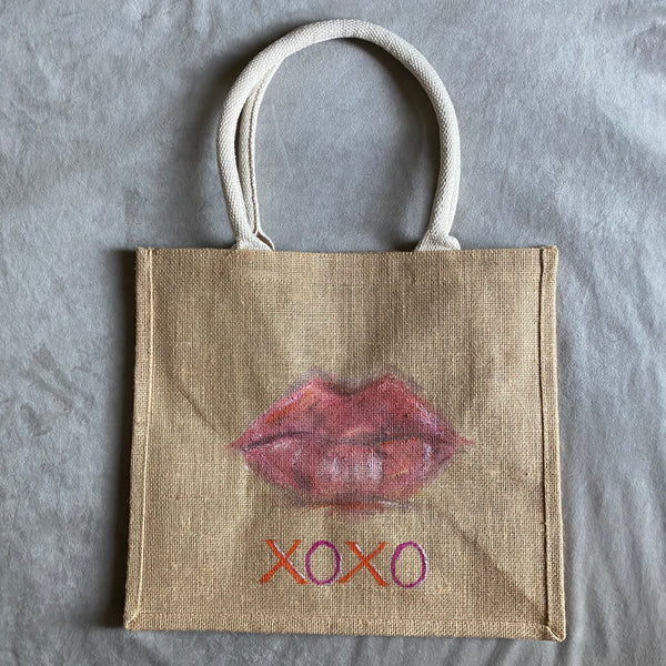 XOXO Lips Jute Bag Handpainted