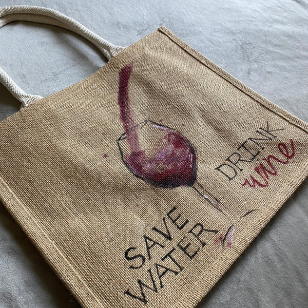 Save Water Drink Wine Jute Bag Handpainted