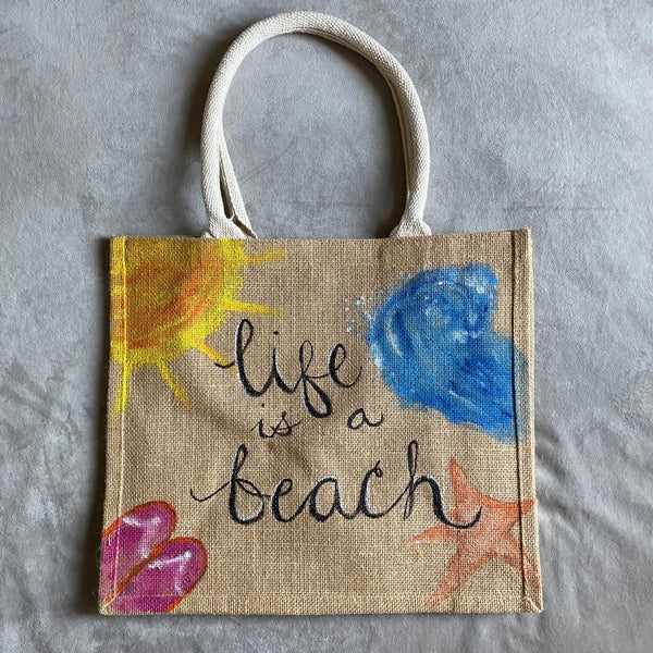 Life is a beach Jute Bag Handpainted