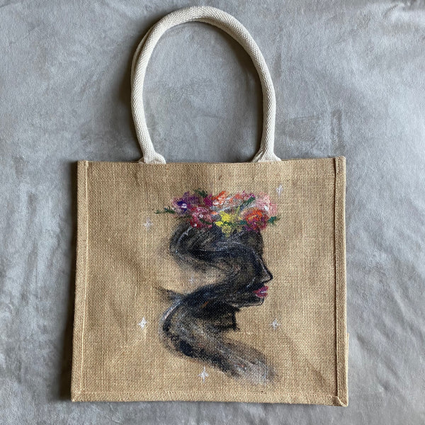 Shadow with a Flower Crown Jute Bag