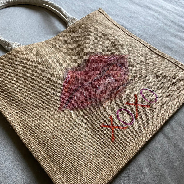 XOXO Lips Jute Bag Handpainted